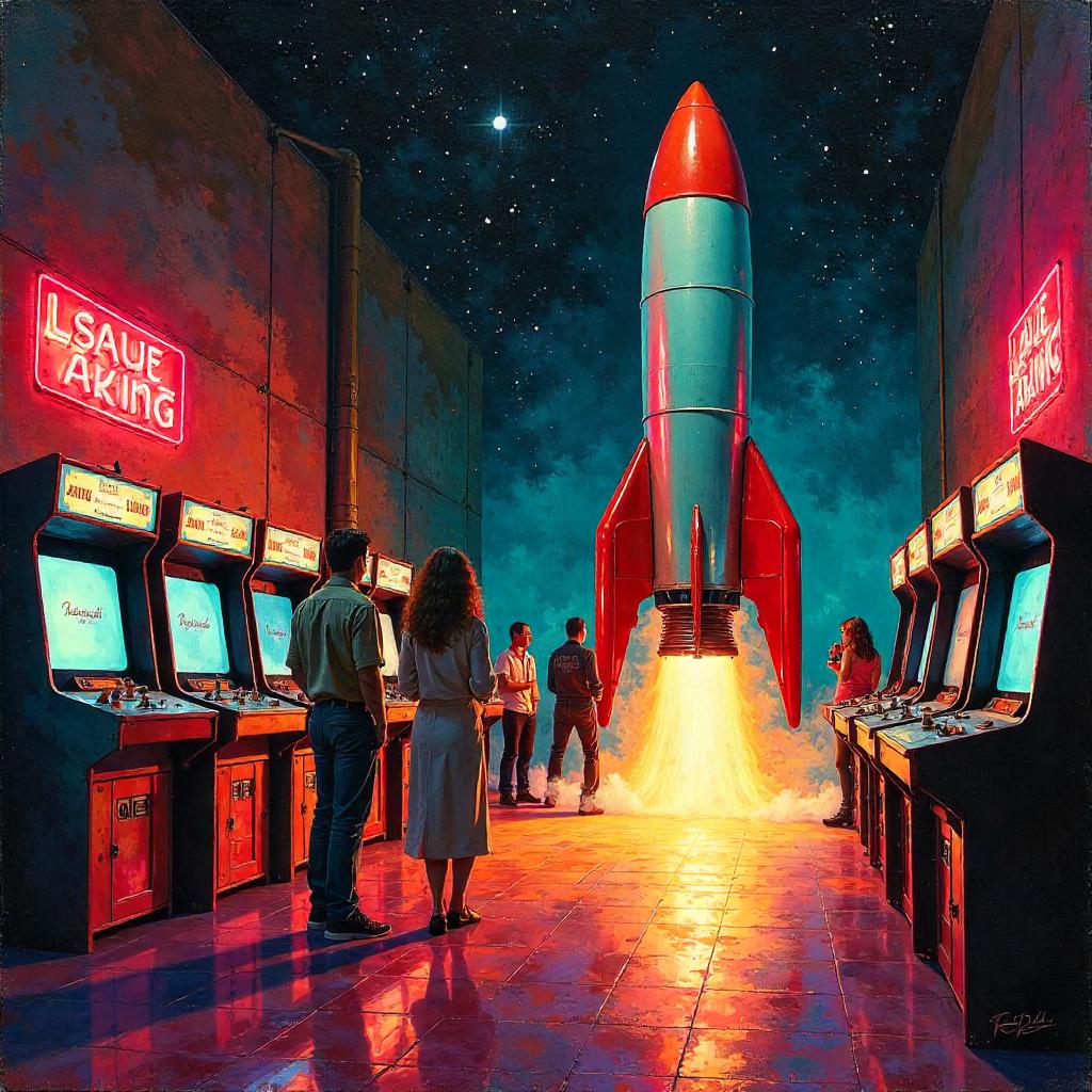 Arcade Rocket: An Oil Painting of Neon Wonder