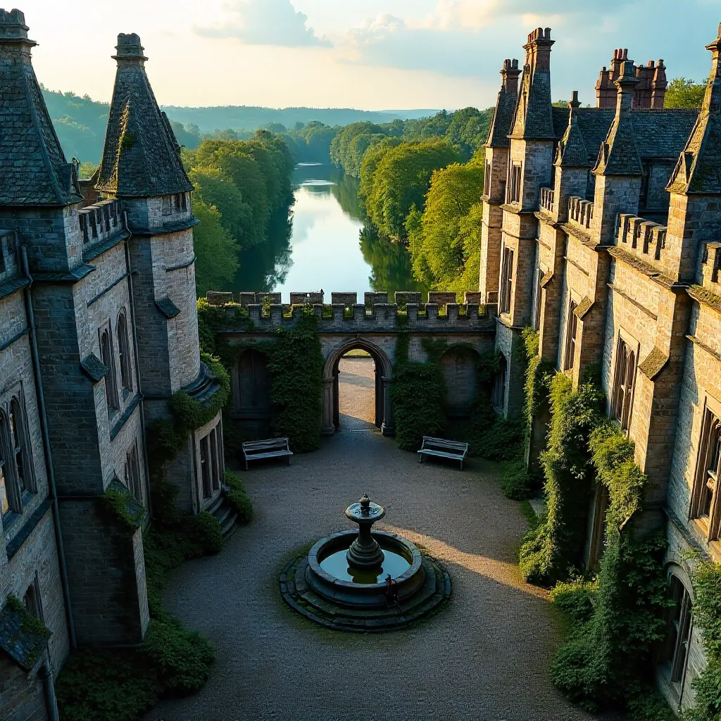 Drone View of Gothic Castle Over Courtyard by River