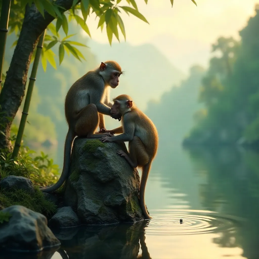 Three Monkeys on a Stone Pillar in Tranquil Landscape