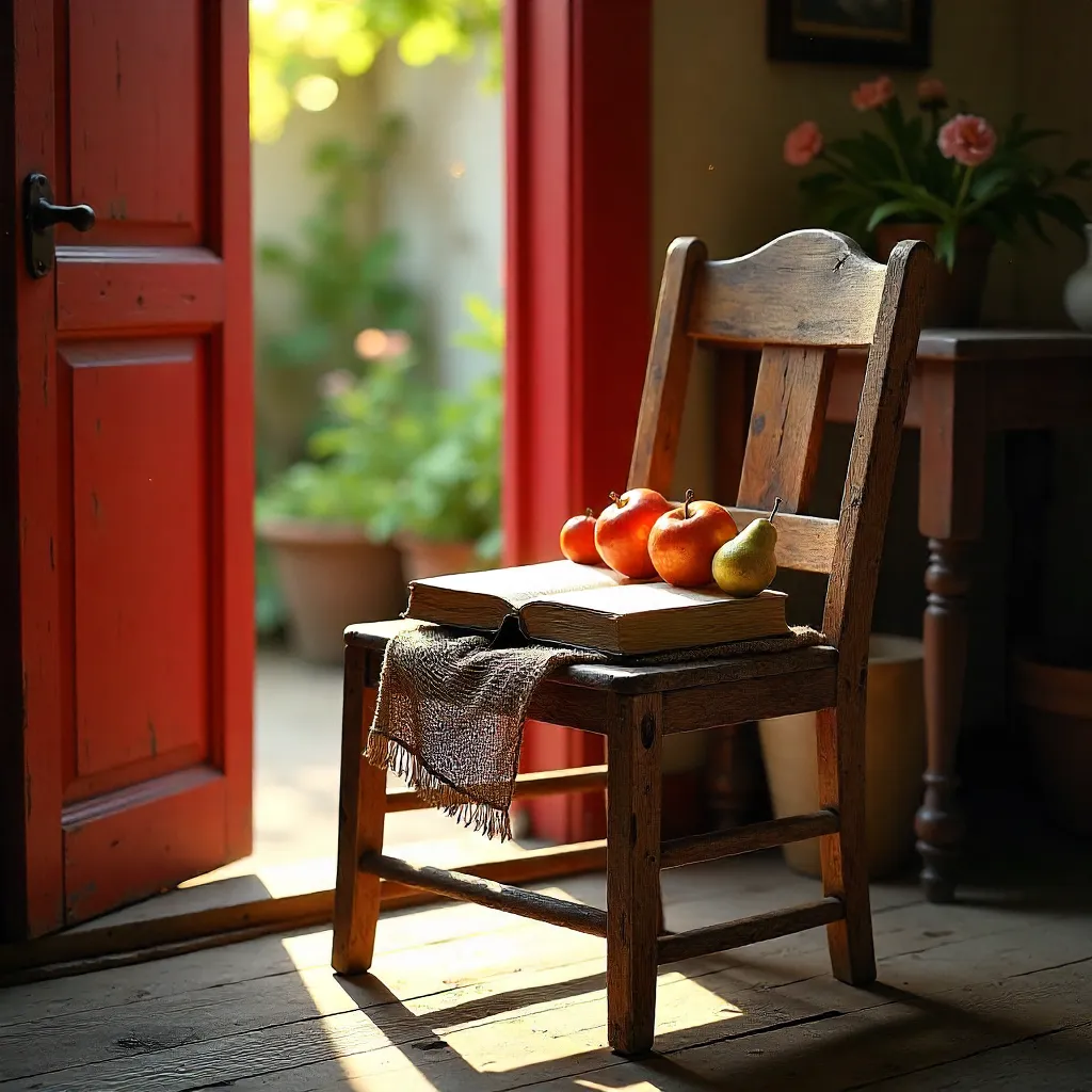 Rustic Doorway Still Life: Chair, Book, Fruit Bag