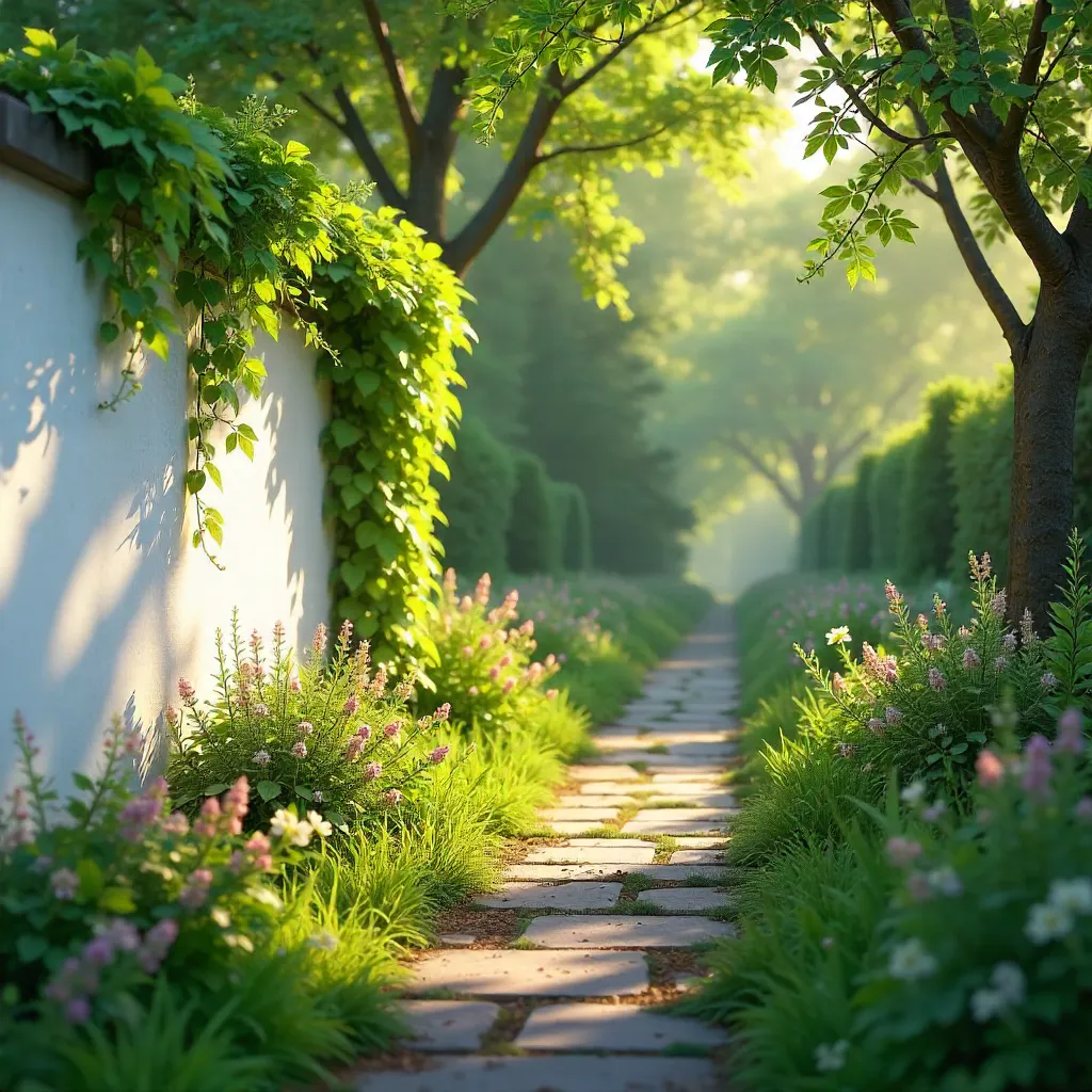 Sunlit Tranquil Garden with White Wall and Greenery