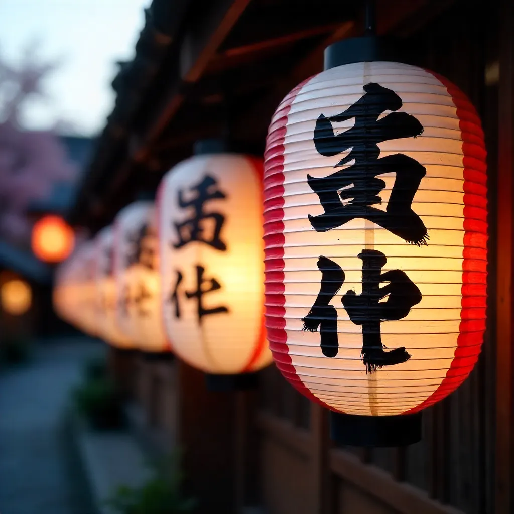 Close-Up Lanterns with Calligraphy Outdoors