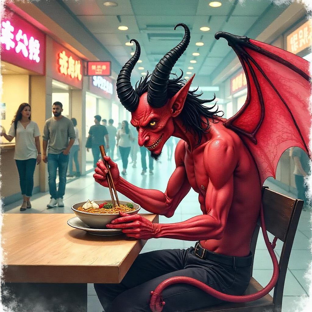 Watercolor Demon in a Modern Food Court