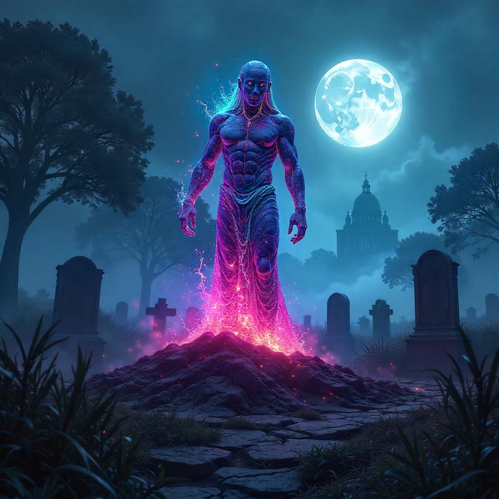 Neon Elemental in a Moonlit Graveyard