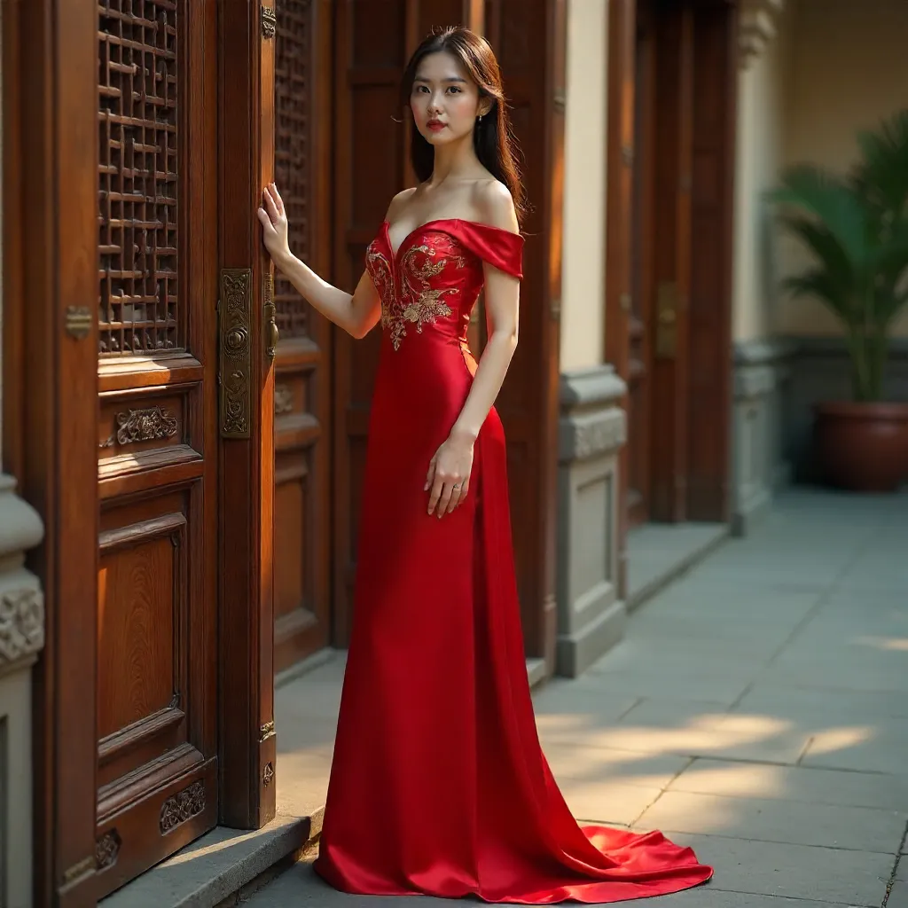Elegant Red Dress by Ornate Wooden Door