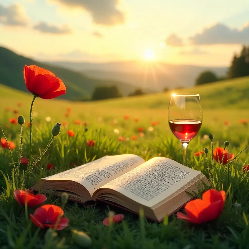 Romantic Meadow: Open Book, Poppies, and Wine Glass