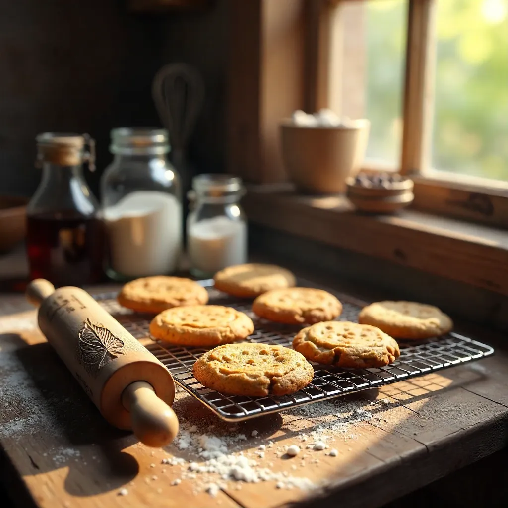 Homemade Cookies on a Rustic Table with Engraved Rolling Pin