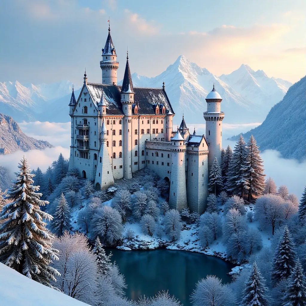 Winter Majesty: Neuschwanstein Among Frosted Pines