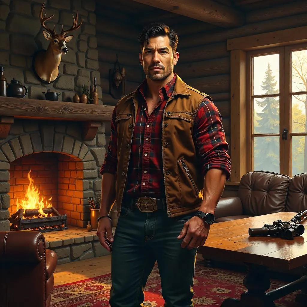 Strong Asian Outdoorsman in a Warm Hunting Lodge