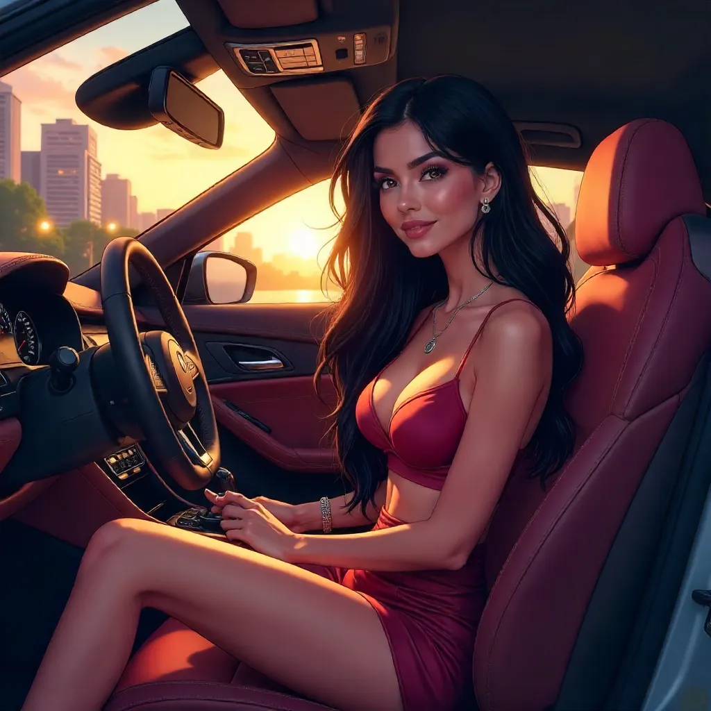 Anime-Style Indian Woman Inside a Luxury Car