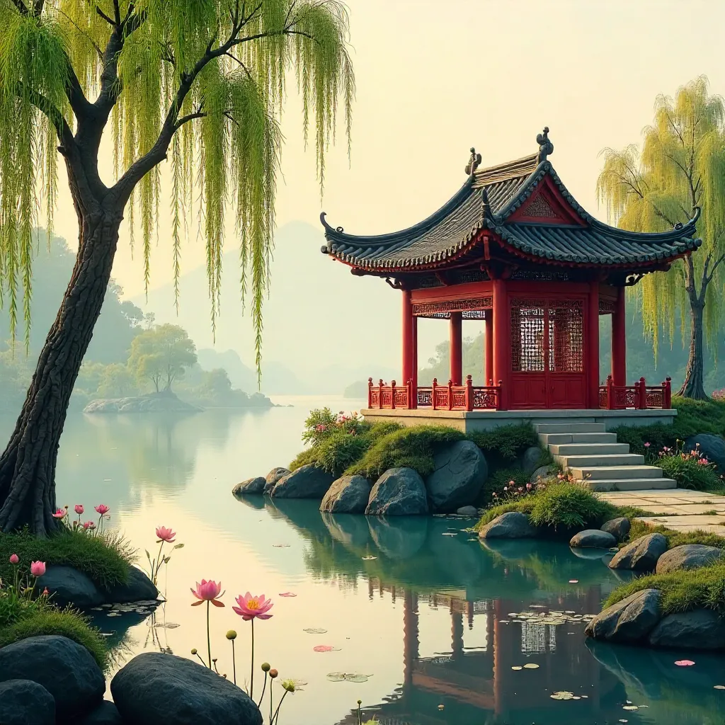 Serene Chinese Garden Pavilion by Water with Lotus and Willows