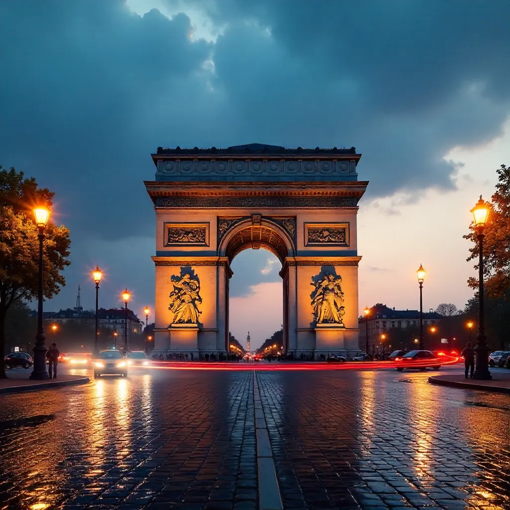 Arc de Triomphe at Dusk with Motion Blur Traffic