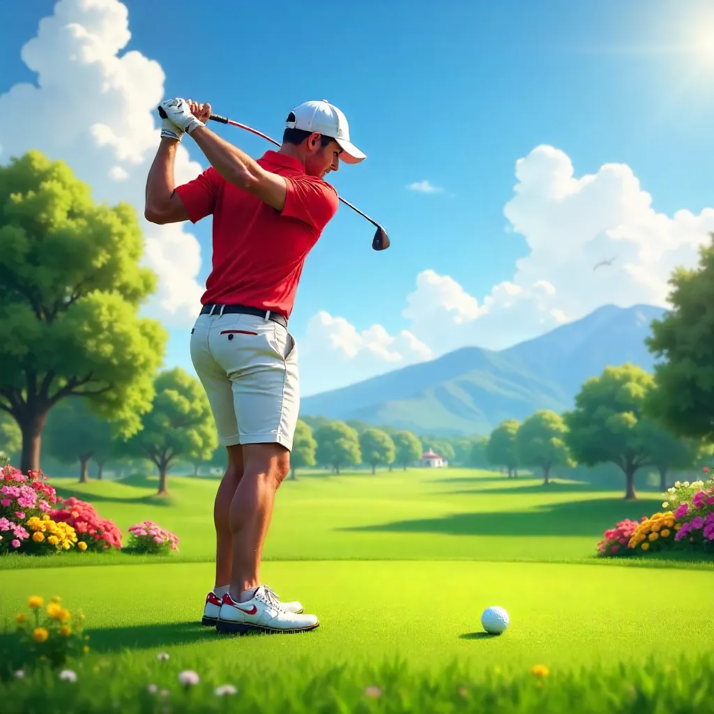 Red-Shirt Golfer Ready to Swing on a Lush Course