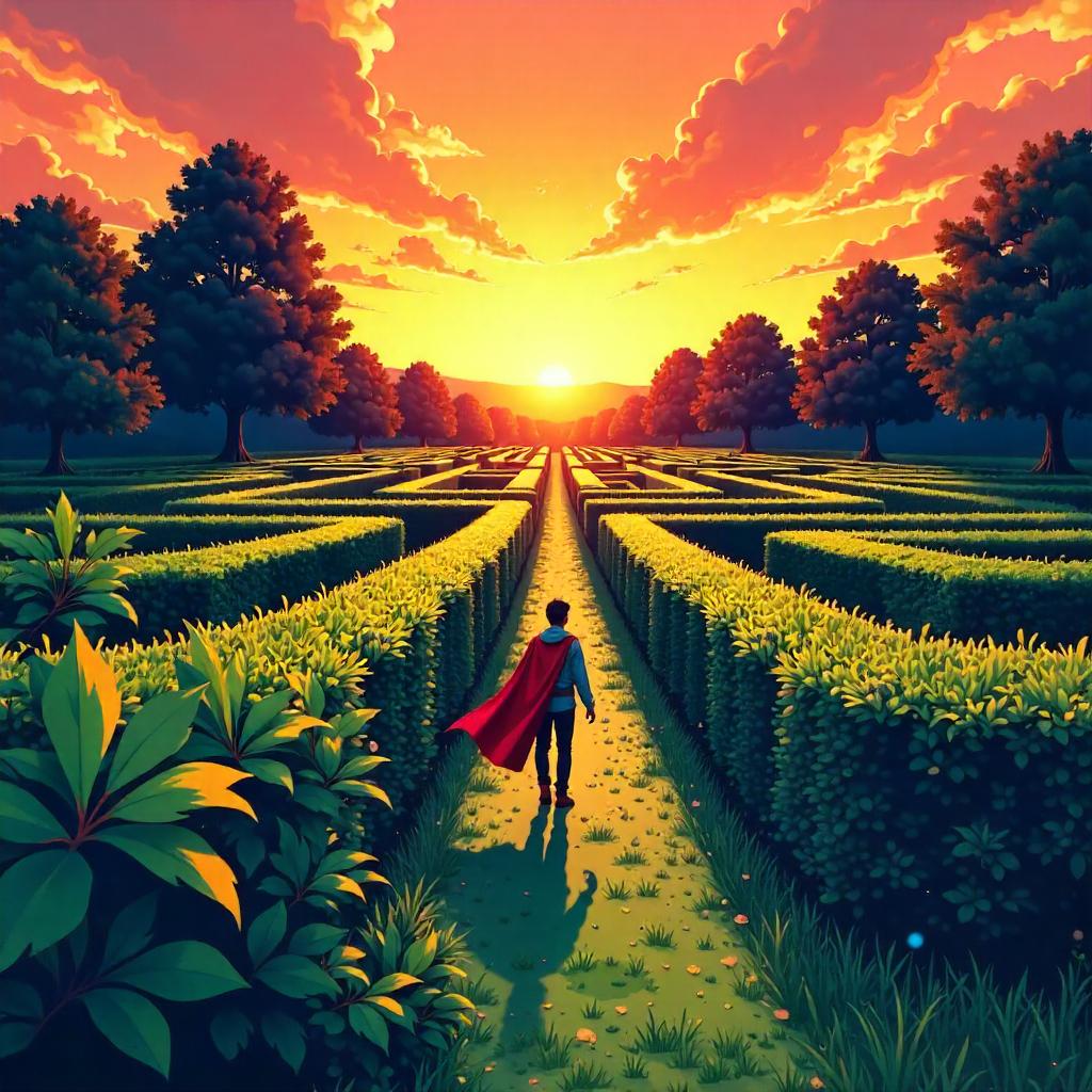 Sunrise in a Hedge Maze – Comic Book Scene