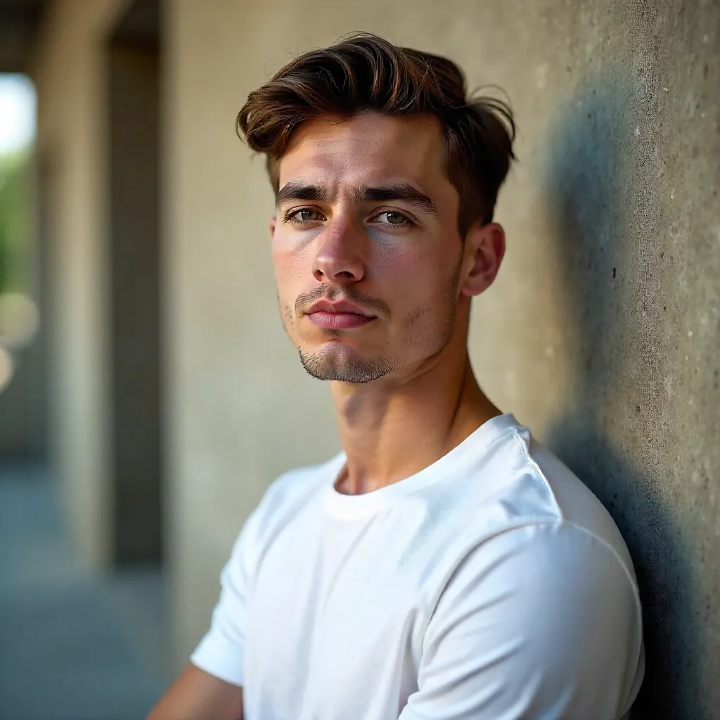 Soft-lit Portrait: Young Man in White Tee by a Wall