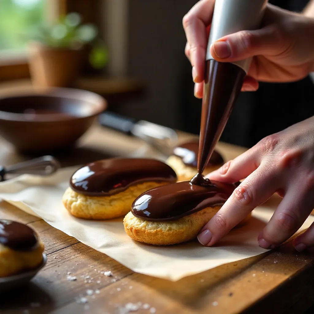 Macro close-up: hands frosting chocolate-coated choux pastries
