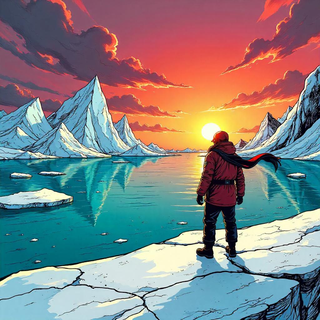 Sunset Over Icebergs: Bold Comic Scene