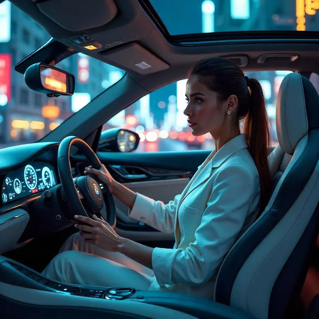 Confident White Woman in a Futuristic Car - Concept Art