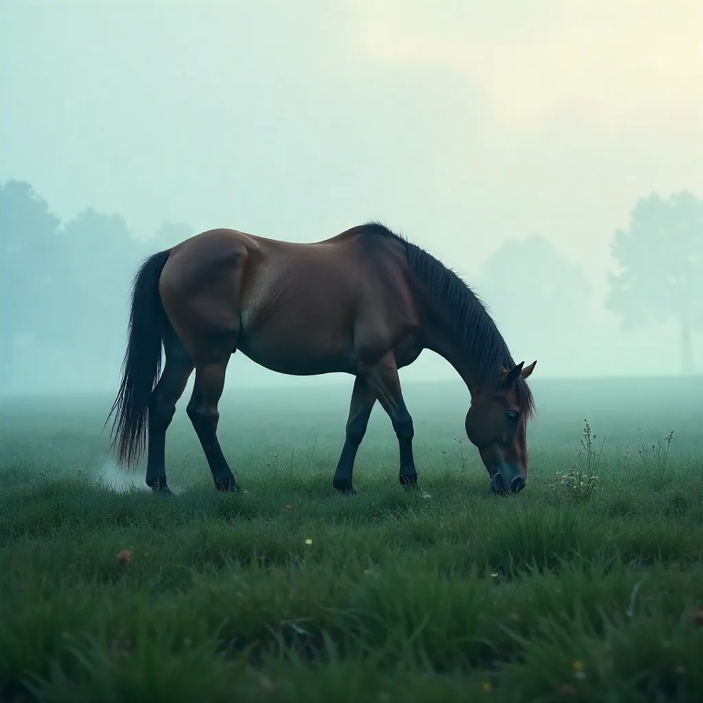 Lone horse grazing in a foggy meadow