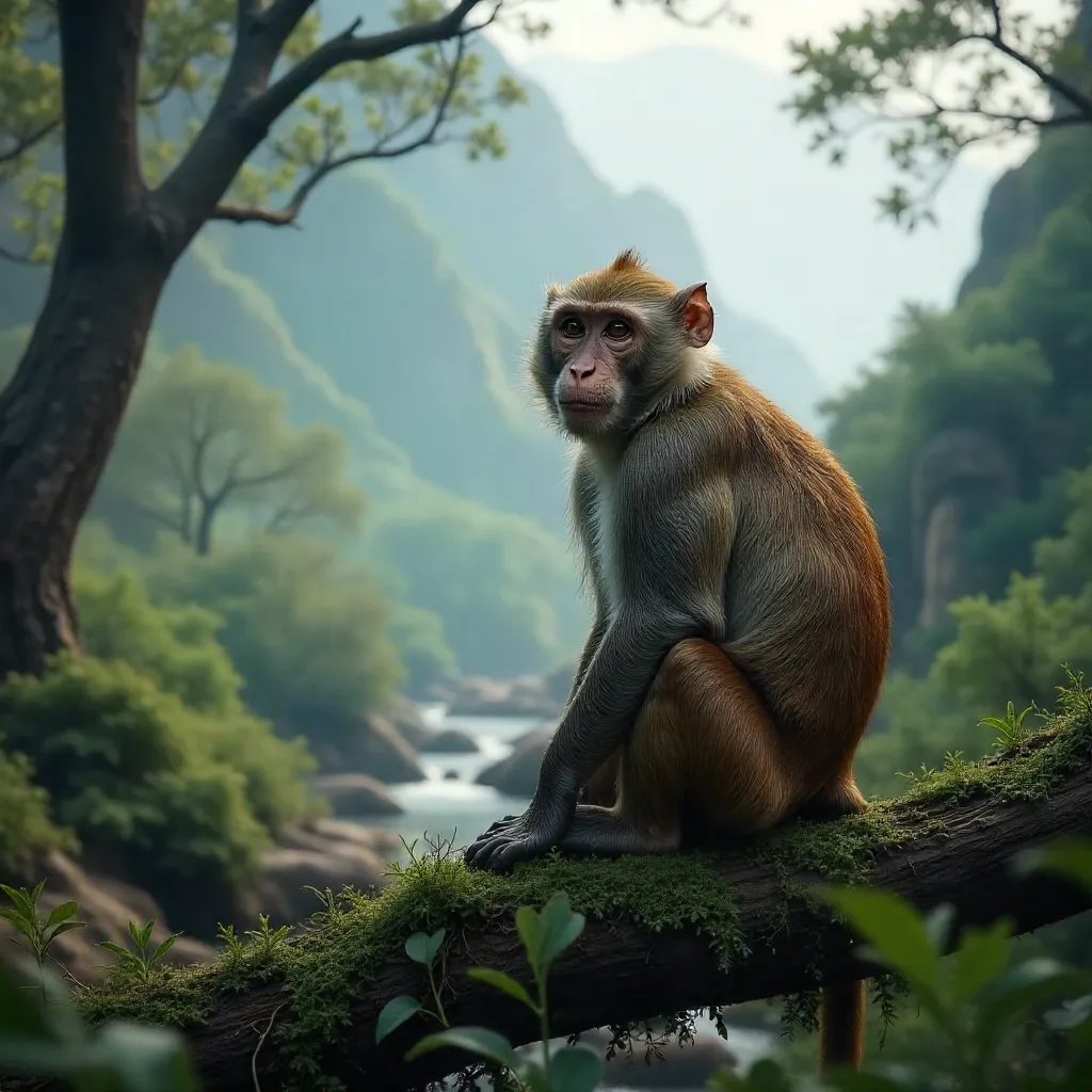Mist-enshrouded Barbary Macaque in Moroccan Forest