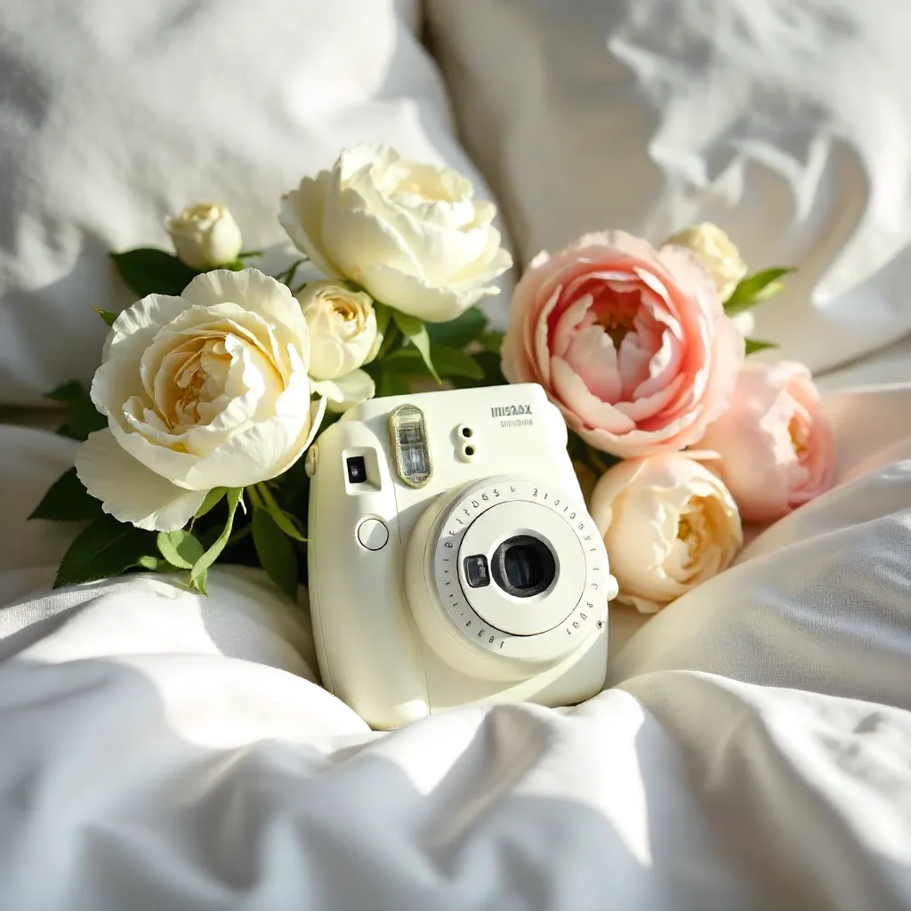 White Instant Camera on a Cozy White Bed with Flowers