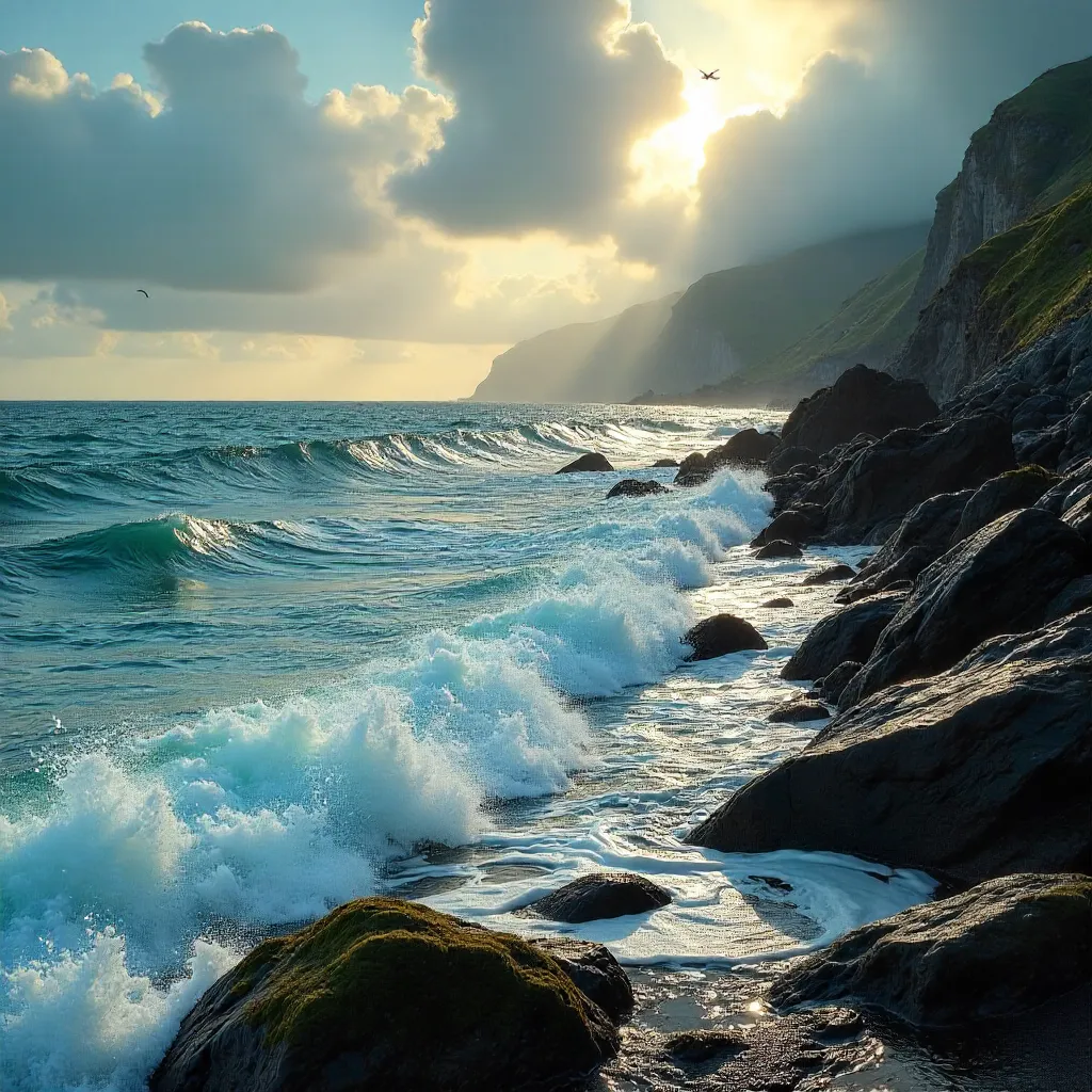 Waves Against Rugged Rocks: Coastal Beauty