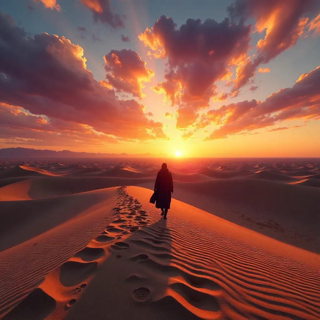 Solitary Traveler in Sunset Dune Landscape