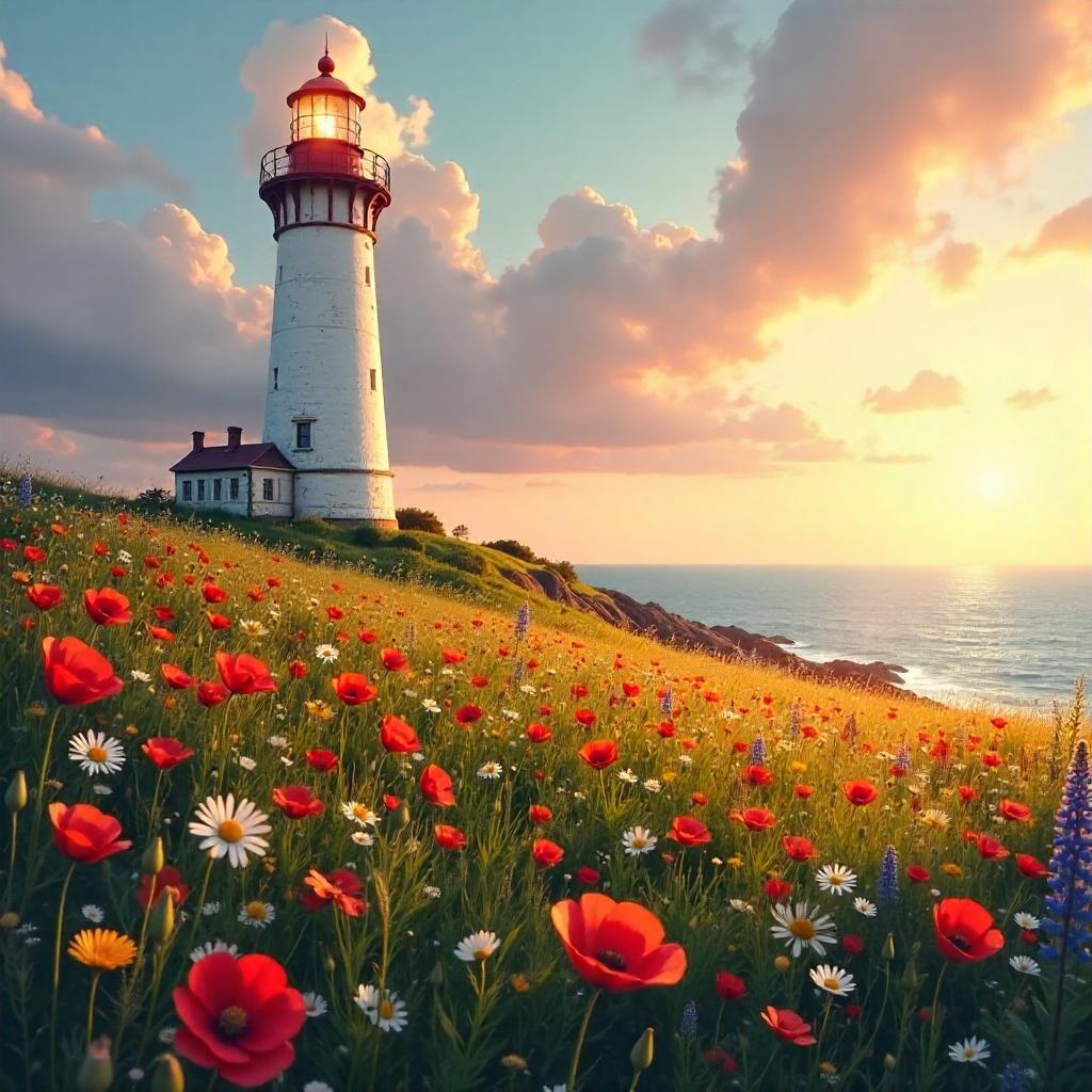 Lighthouse in a Flower Field - Digital Art