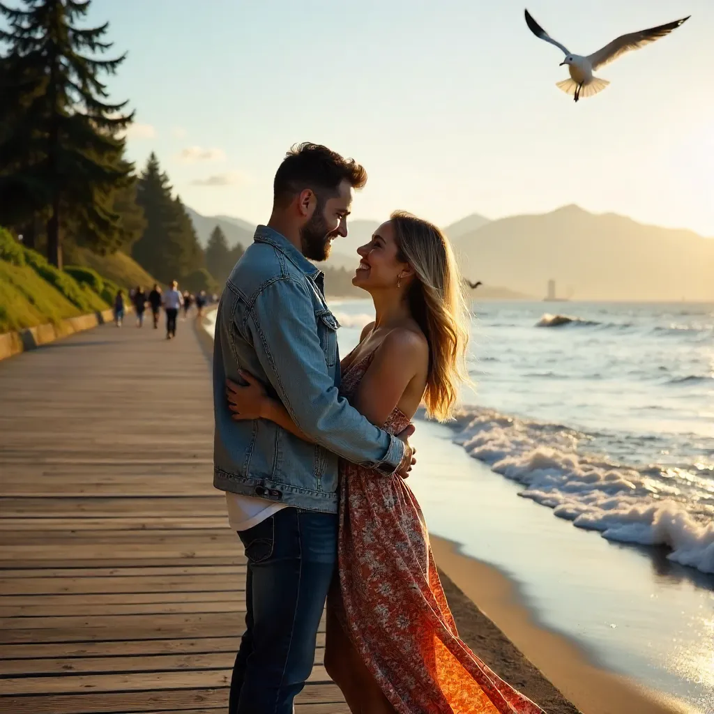 Joyful Vancouver Seawall Embrace at Golden Hour