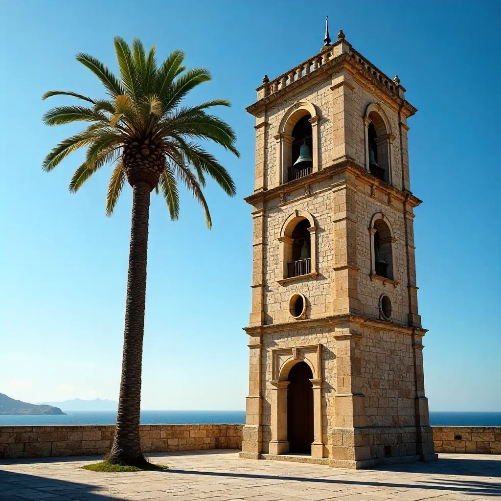 Bell Tower and Palm Against a Clear Azure Sky