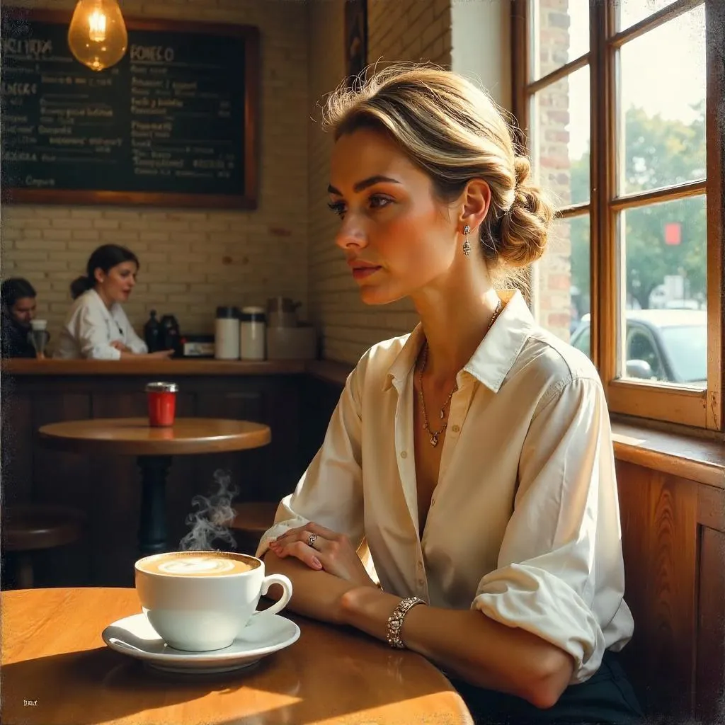 Oil Portrait of an Elegant White Woman in a Coffee Shop