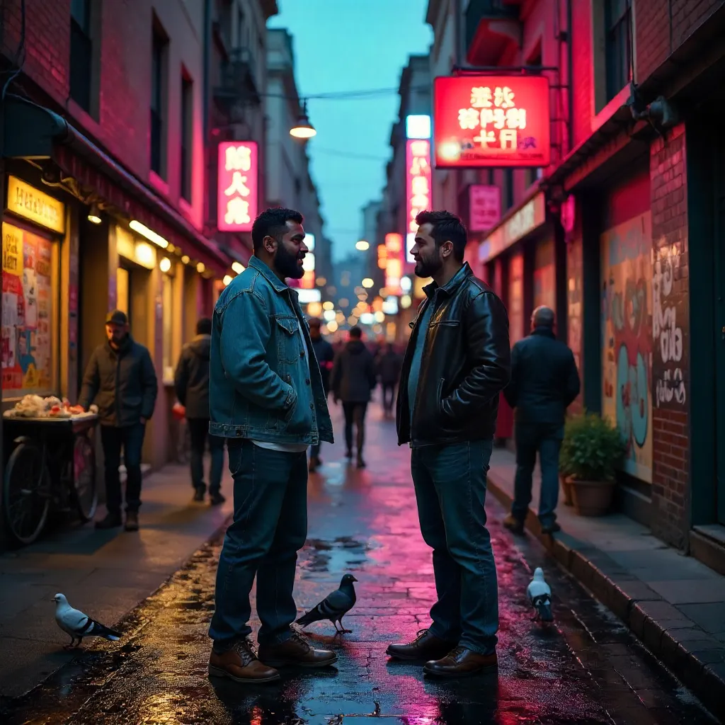 Two Men Converse in a Lively Urban Alley