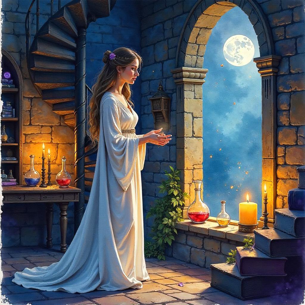 Watercolor Portrait of a Woman in a Wizard Tower