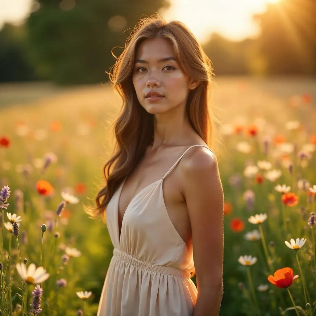 Elegant photorealistic portrait in a field of flowers