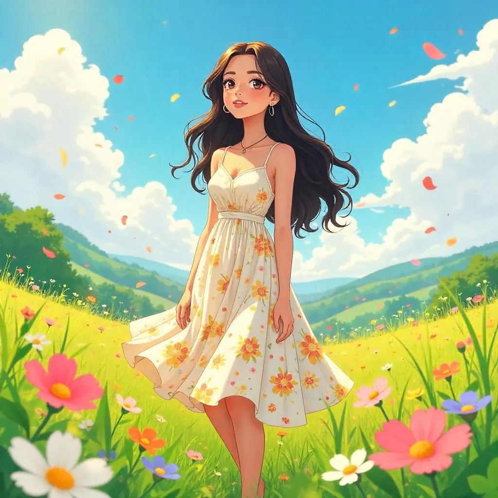 Sunlit Meadow Anime: Latina Woman in Bloom