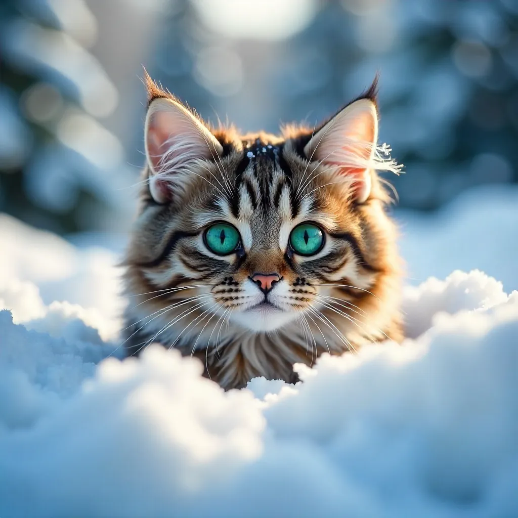Peekaboo in Snow: Green-Eyed Fluffy Cat