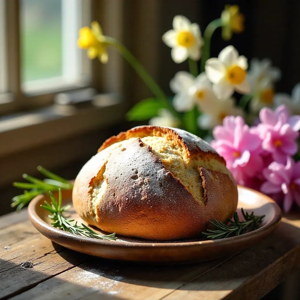 Rustic Round Bread with Spring Florals on Wood Plate