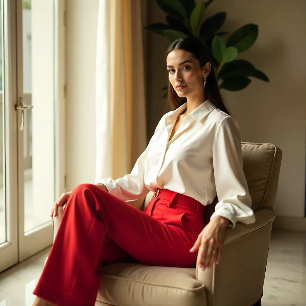 Elegant Indoor Portrait: White Blouse, Red Trousers