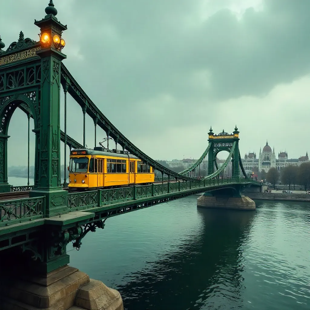 Vibrant Yellow Tram on Liberty Bridge, Budapest
