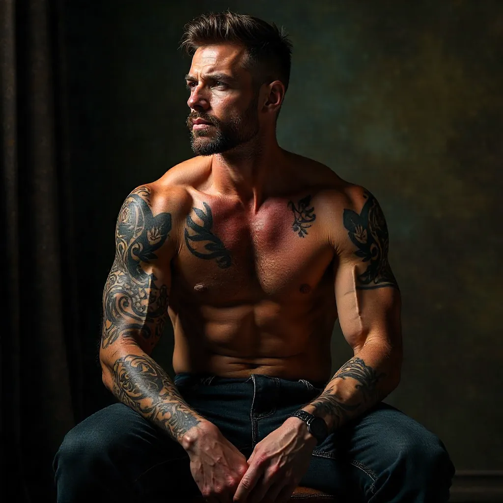 Studio Portrait: Shirtless Tattooed Man