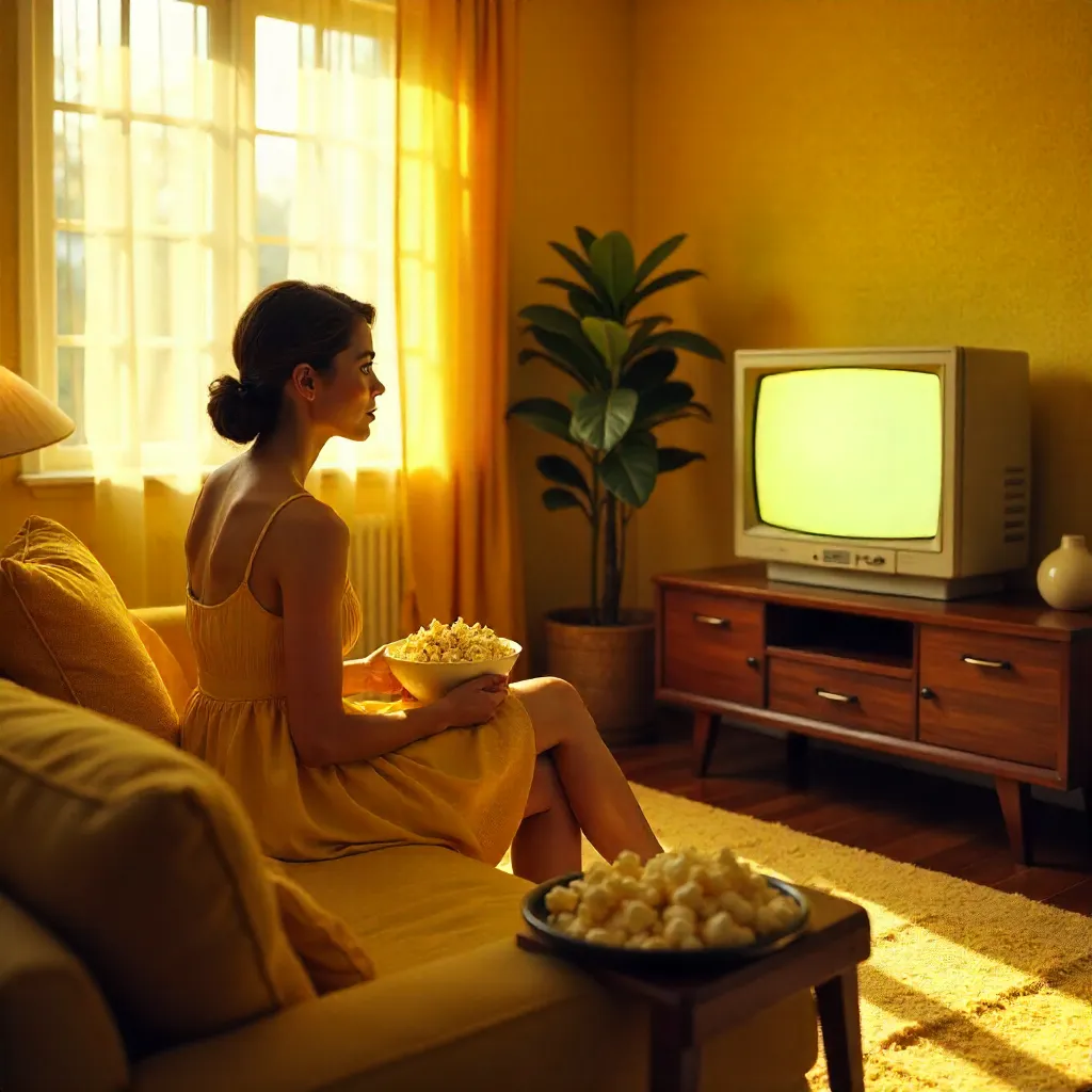 Yellow Ambiance: Woman with Vintage TV and Snacks