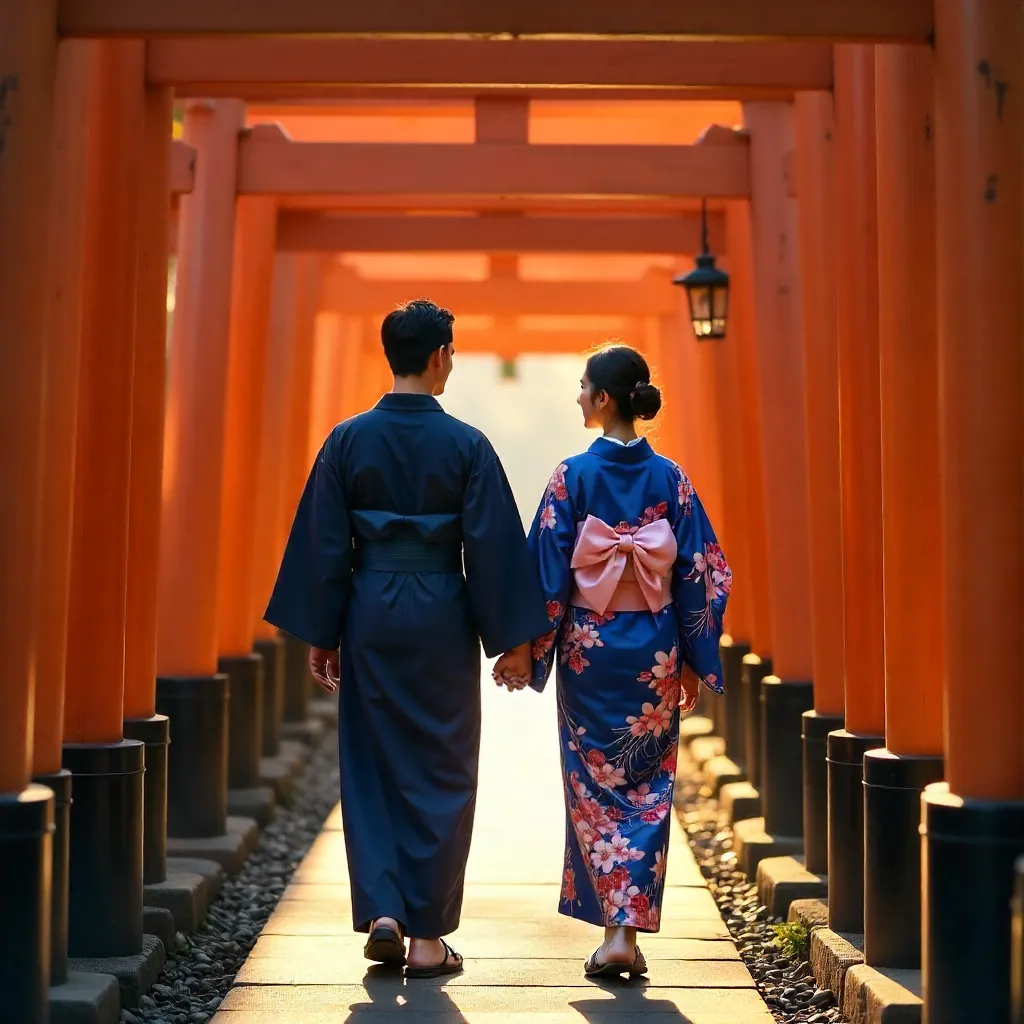 Couple in Kimono under Fushimi Inari Torii Gates