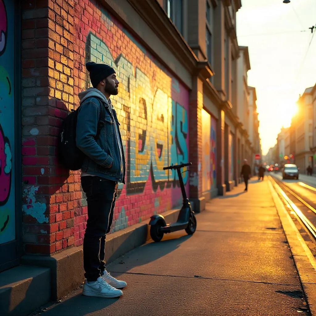 Sunlit Berlin Graffiti: Man by Street Wall