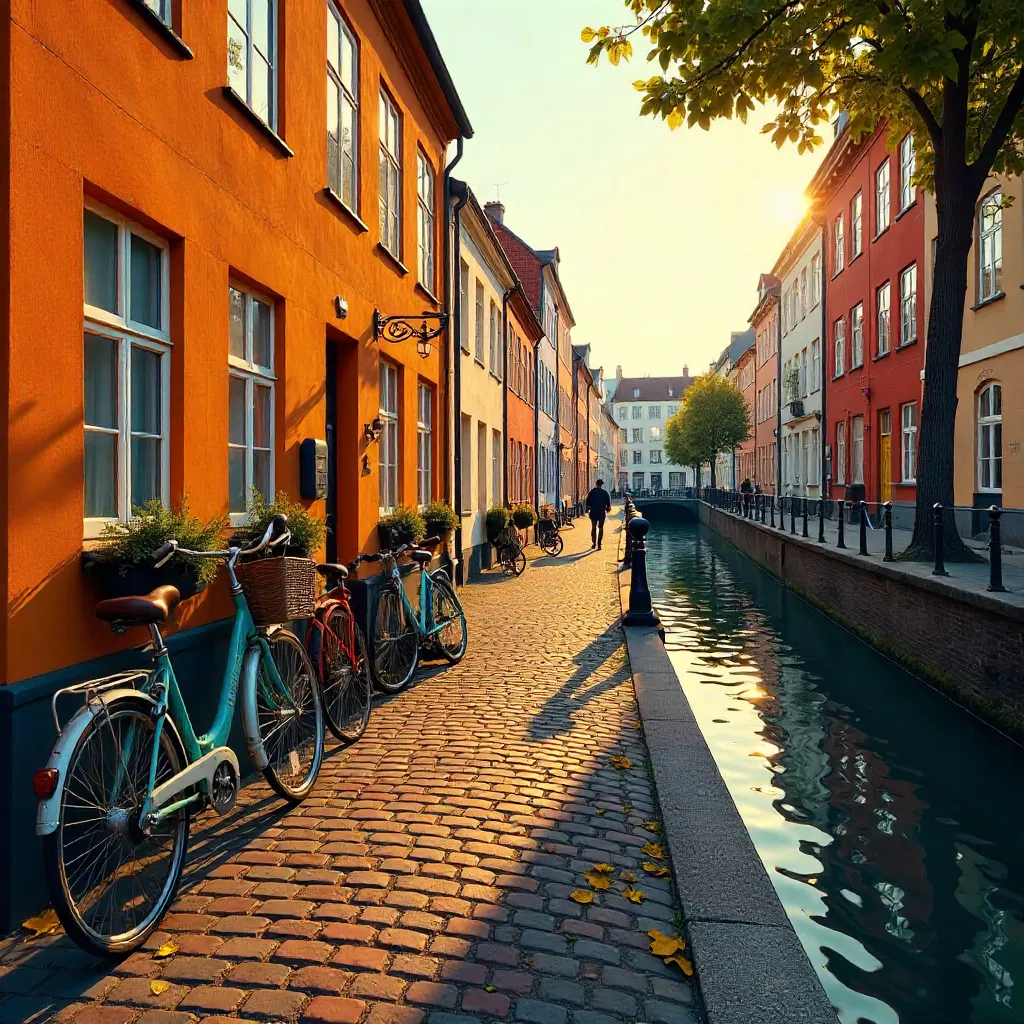 Copenhagen Orange-Walled Street with Vintage Bicycles