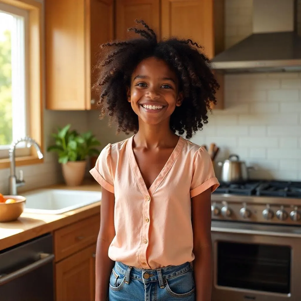 Cheerful Black Girl in a Sunlit Modern Kitchen