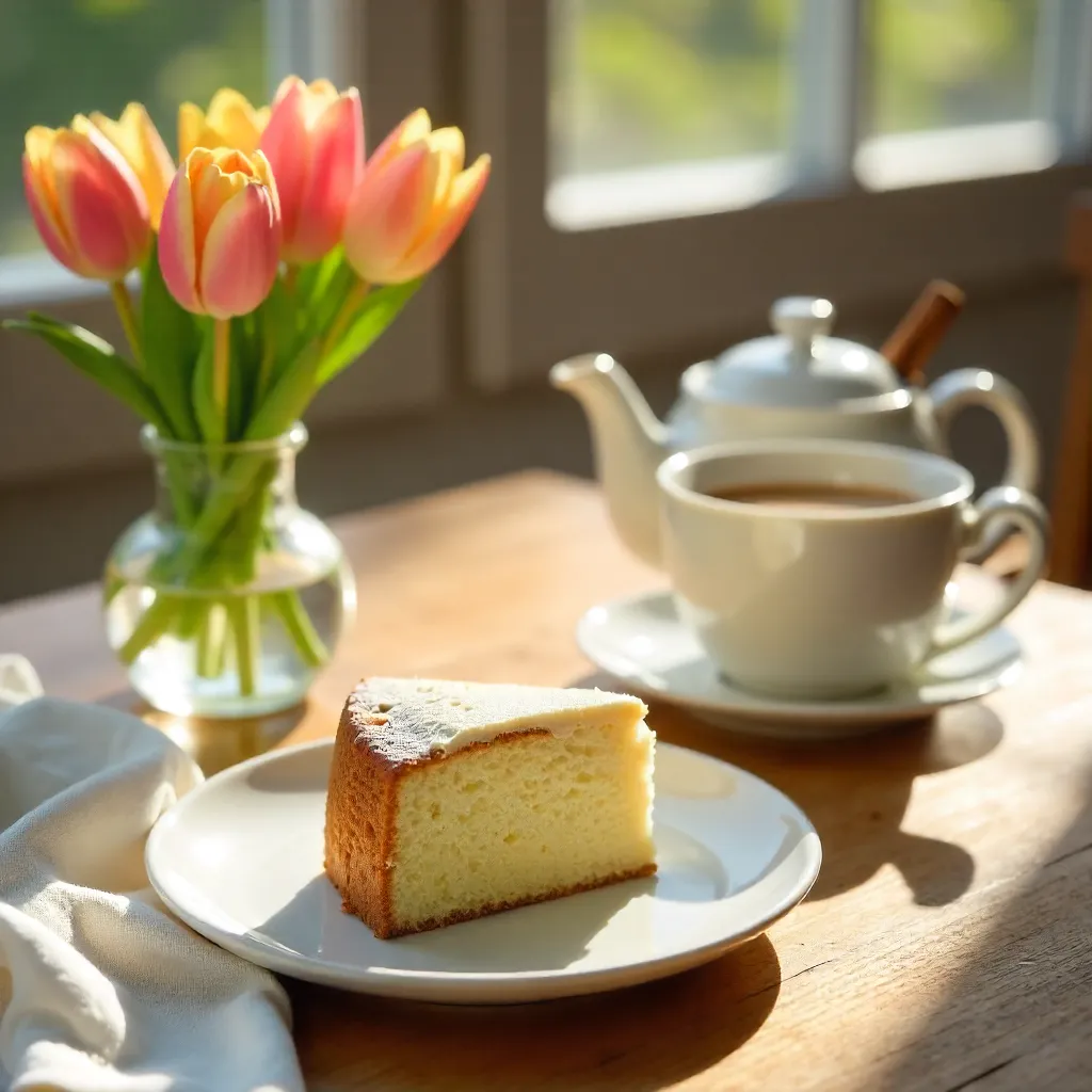 Serene Brunch With Cake Slice, Tulips, and Chai