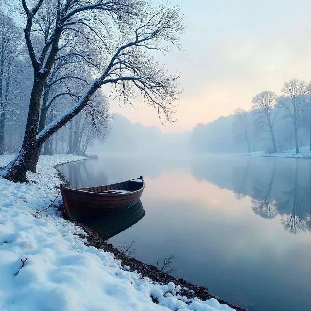 Serene Winter Lake with Boat and Mist