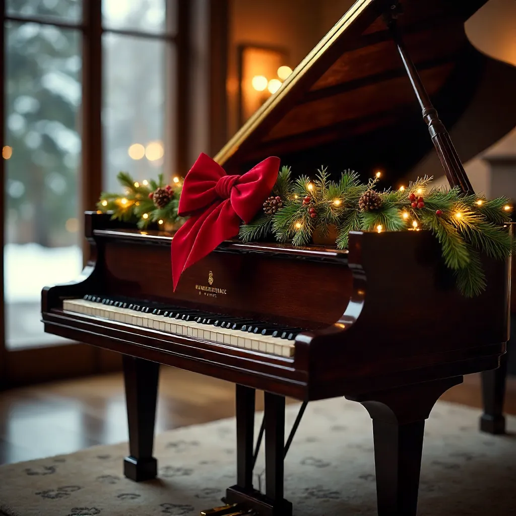 Elegant Grand Piano with Festive Christmas Garland