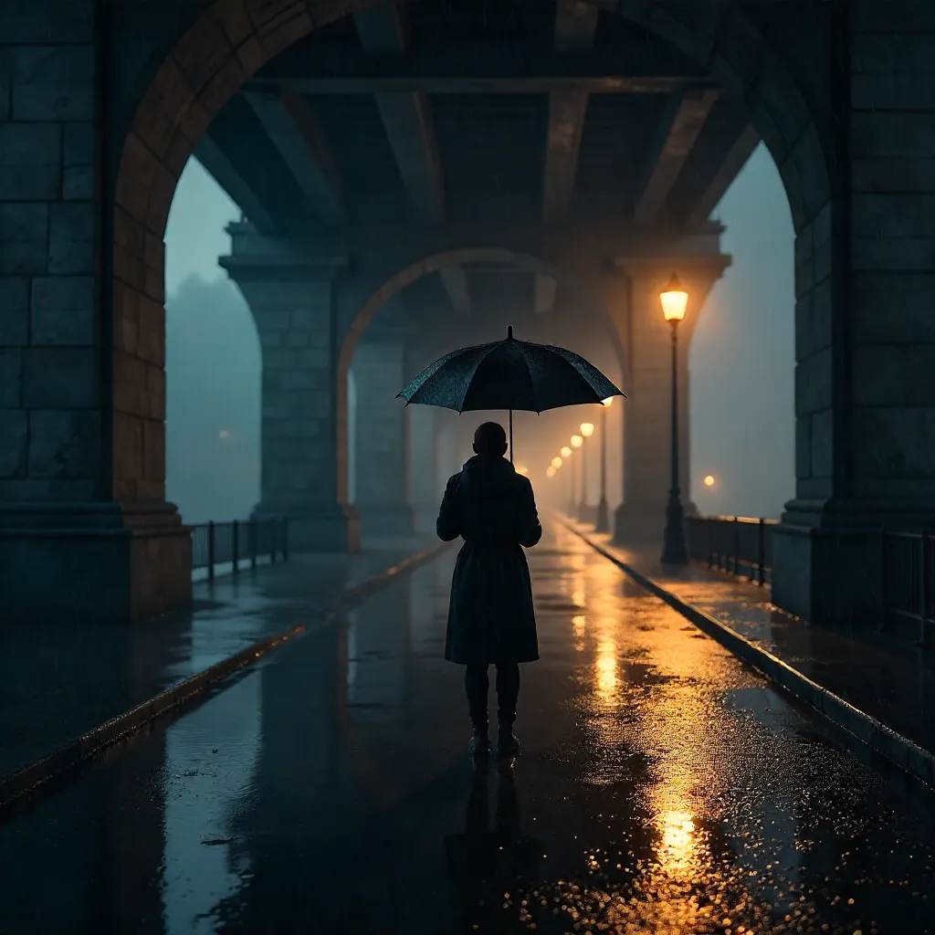 Silhouette Under the Bridge in the Rain