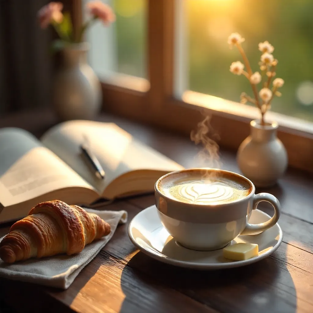 Peaceful Morning Latte, Croissant, and a Book